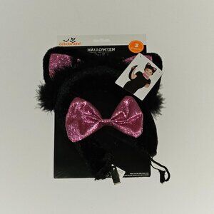 NEW Black Cat Halloween Costume Accessories Lot Headband Pink Bow Tail Child OS